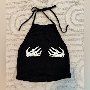 Black Halter Top with Skeleton Hand Design